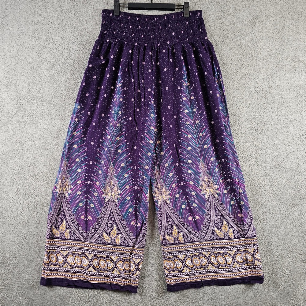 Orient Trail Purple Peacock Paisley Smocked Wide Leg Boho Pants XXL Rayon